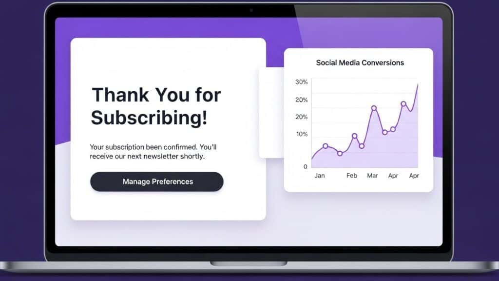 Email signup confirmation screen with analytics chart showing conversions from social media visitors.