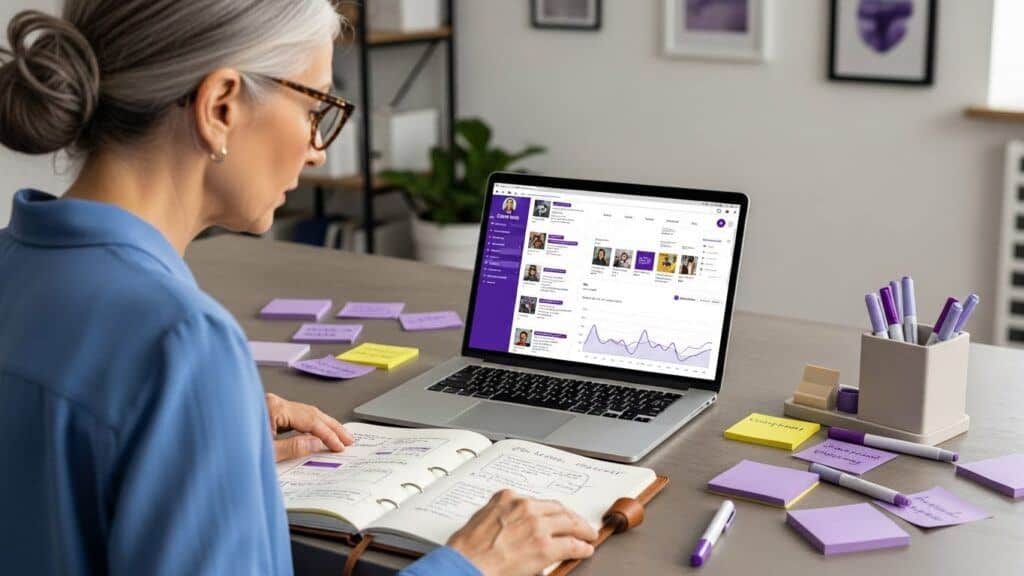 Marketer planning a social media strategy with a content calendar, analytics charts, and clear goals on a laptop screen.