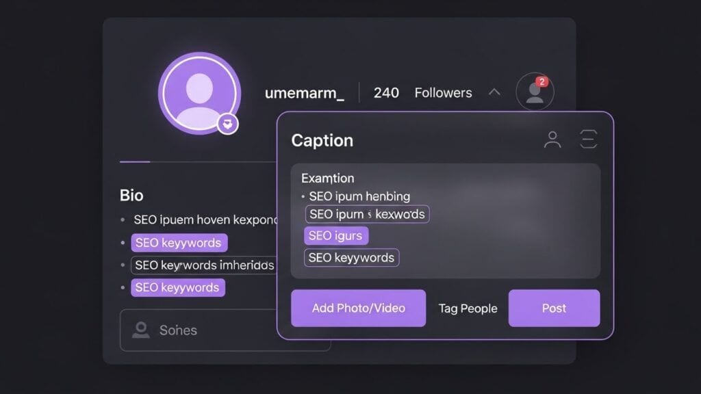 Social media profile and posts being edited with SEO-friendly keywords highlighted in the bio and captions.