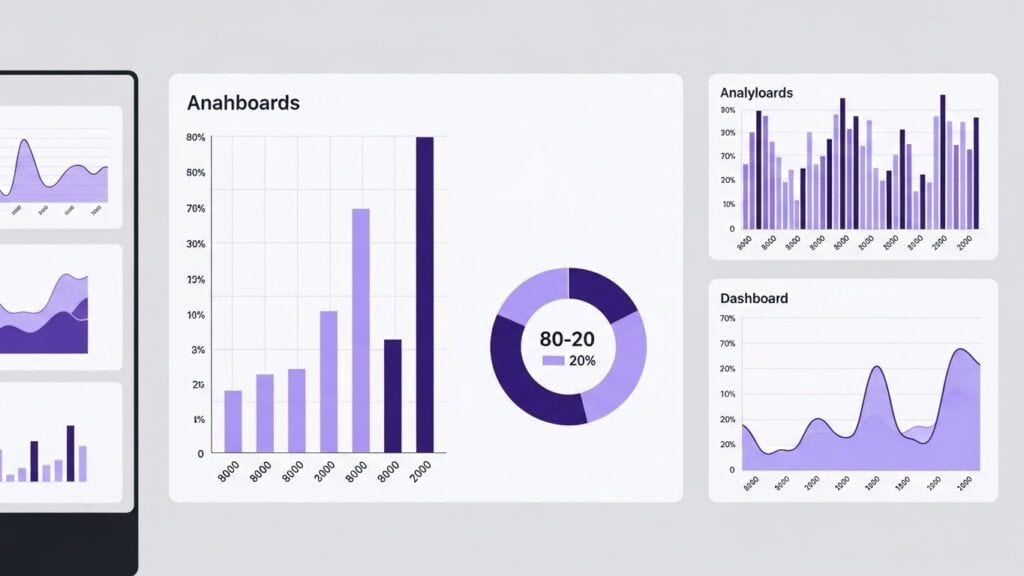 Analytics dashboard showing traffic charts and an 80-20 distribution used to focus SEO efforts for social media marketing.