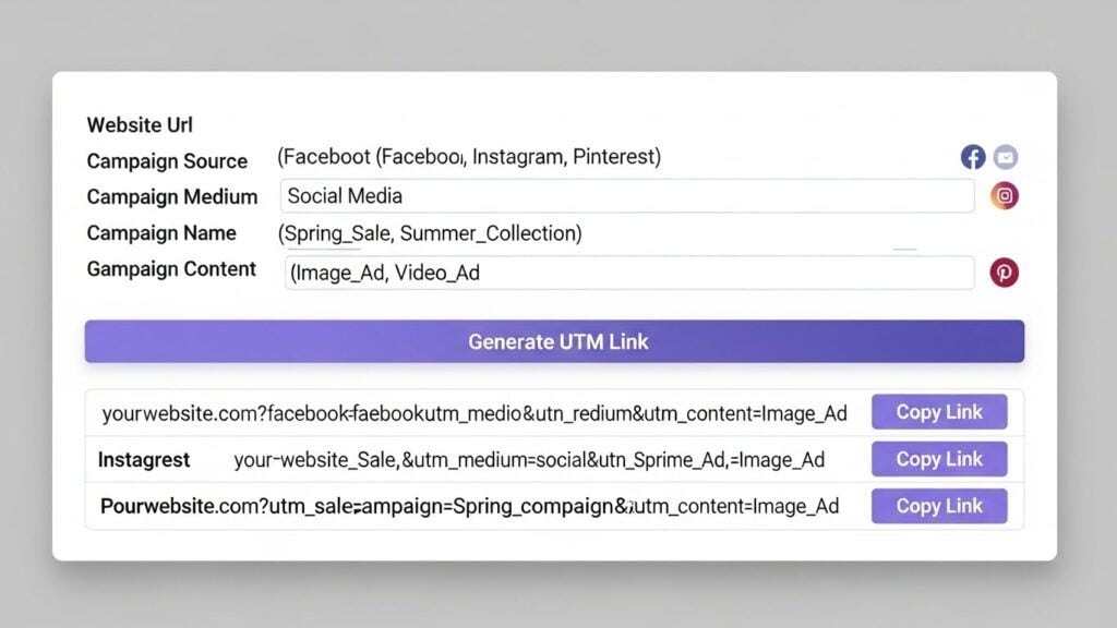 UTM builder interface creating tagged URLs for Facebook, Instagram and Pinterest links to track social media campaigns.