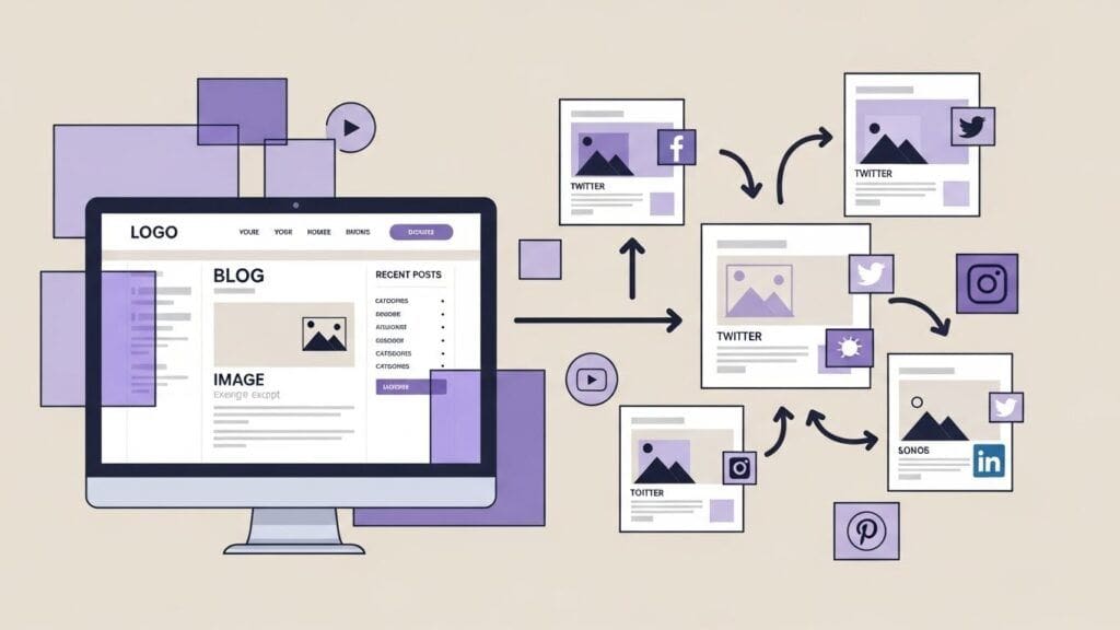 Website blog and social media posts connected by arrows, illustrating SEO-focused cross-promotion between site and socials.