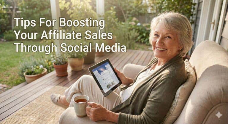 Elderly woman smiling on garden porch holding tablet and coffee, promoting social media strategies for affiliate marketing success.