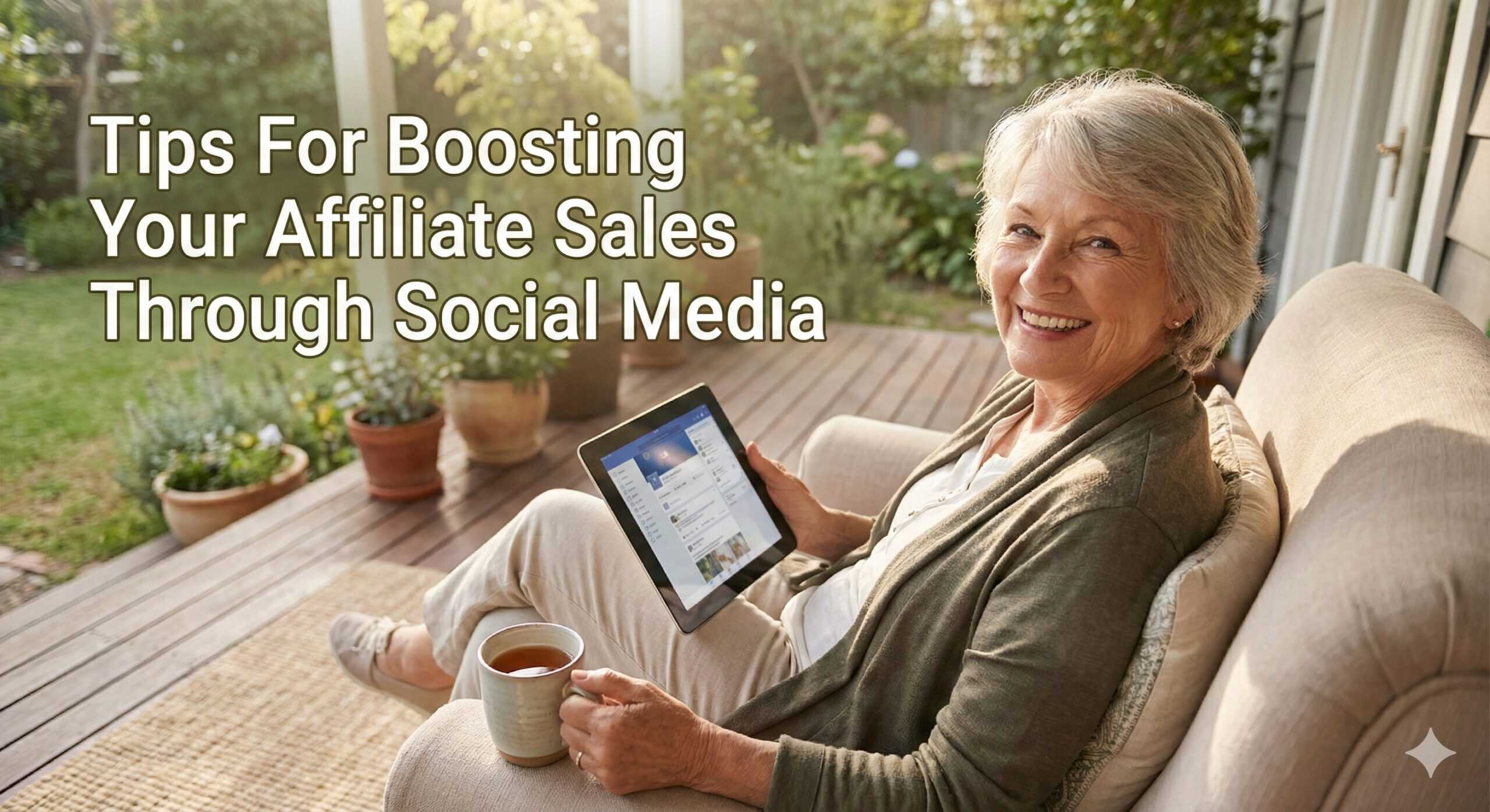 Elderly woman smiling on garden porch holding tablet and coffee, promoting social media strategies for affiliate marketing success.