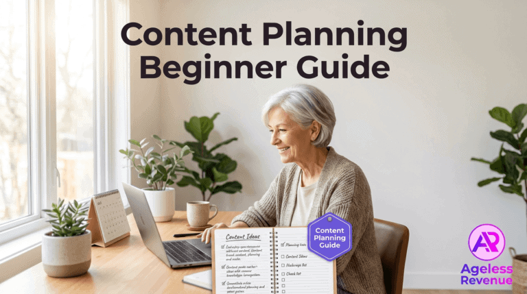 Alt text: Senior woman working on content planning at home with laptop and guidebook, cheerful and focused.