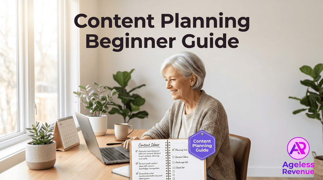 Alt text: Senior woman working on content planning at home with laptop and guidebook, cheerful and focused.