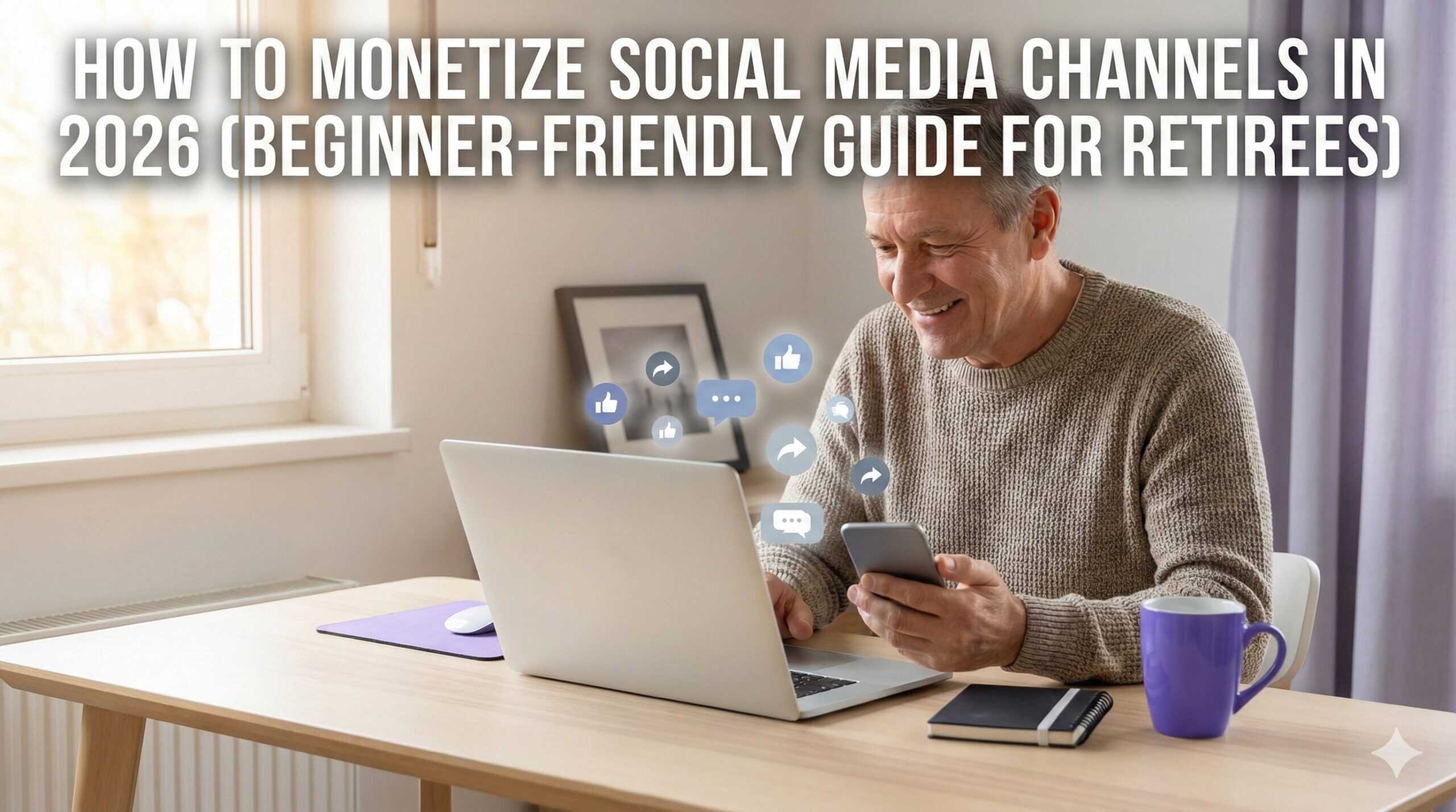 Engaging retired man using laptop and phone for social media income.