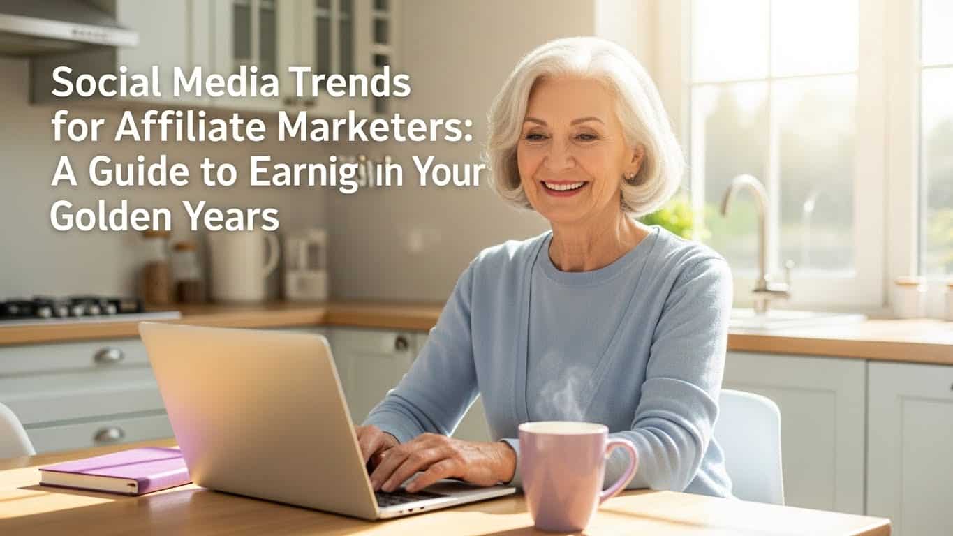 Smiling retired woman working on laptop with purple accents. Social Media Trends for Affiliate Marketing