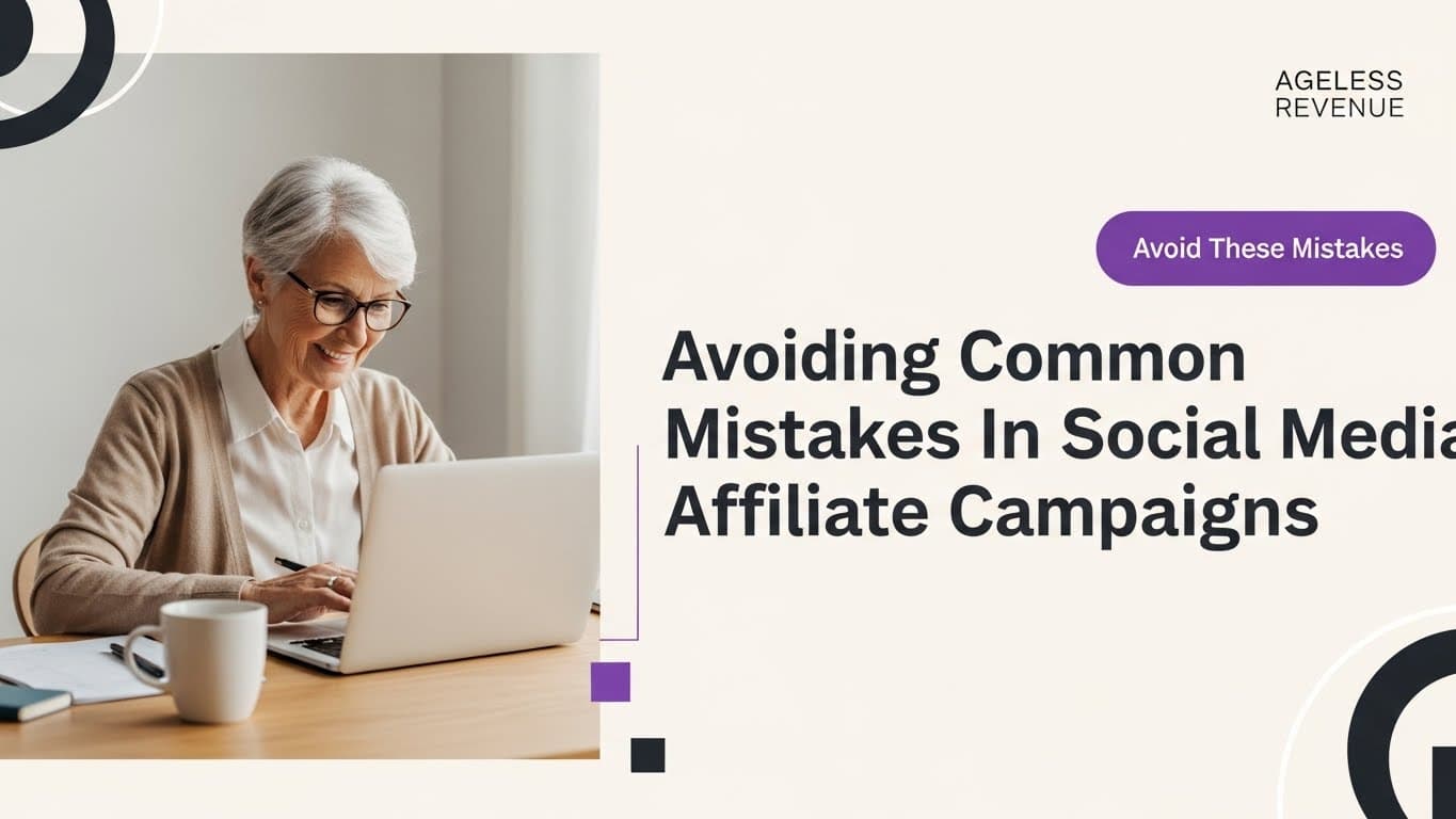 Older woman working on laptop for social media affiliate marketing, avoiding common mistakes.