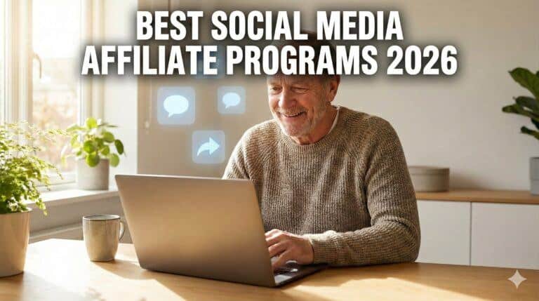 Person working on a laptop with social media icons in a bright room, promoting affiliate marketing success for 2026.