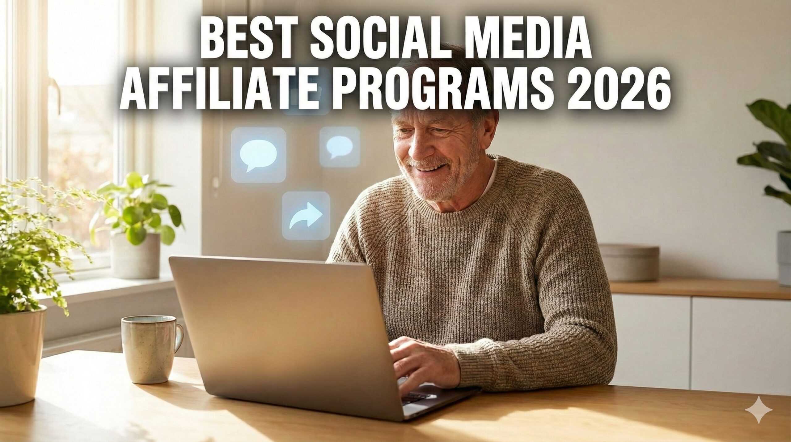Person working on a laptop with social media icons in a bright room, promoting affiliate marketing success for 2026.