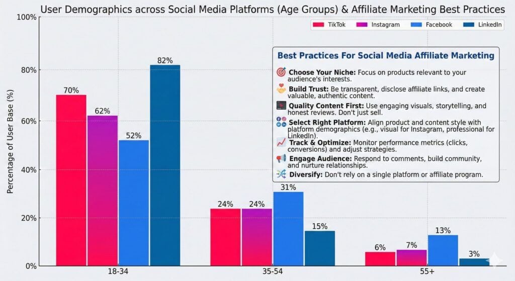 Chart showing age demographics for TikTok, Instagram, and Facebook to help choose the right affiliate platform.