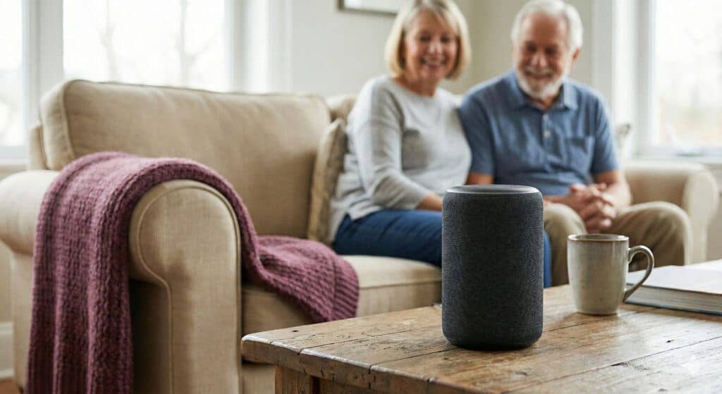 Senior couple using a smart speaker device for voice search. part of Social Media Trends for Affiliate Marketing