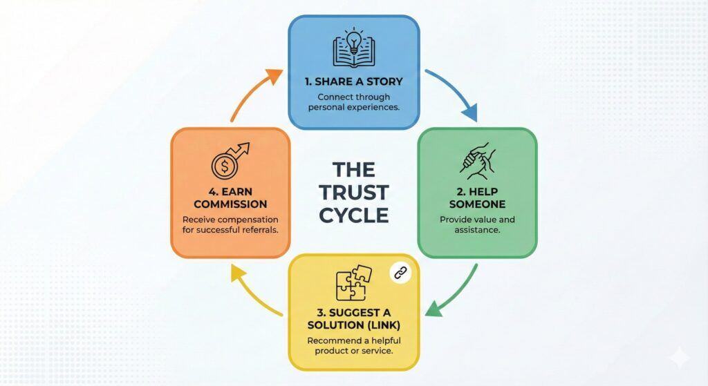 Infographic showing how sharing stories leads to affiliate sales, Affiliate marketing on social media for retirees