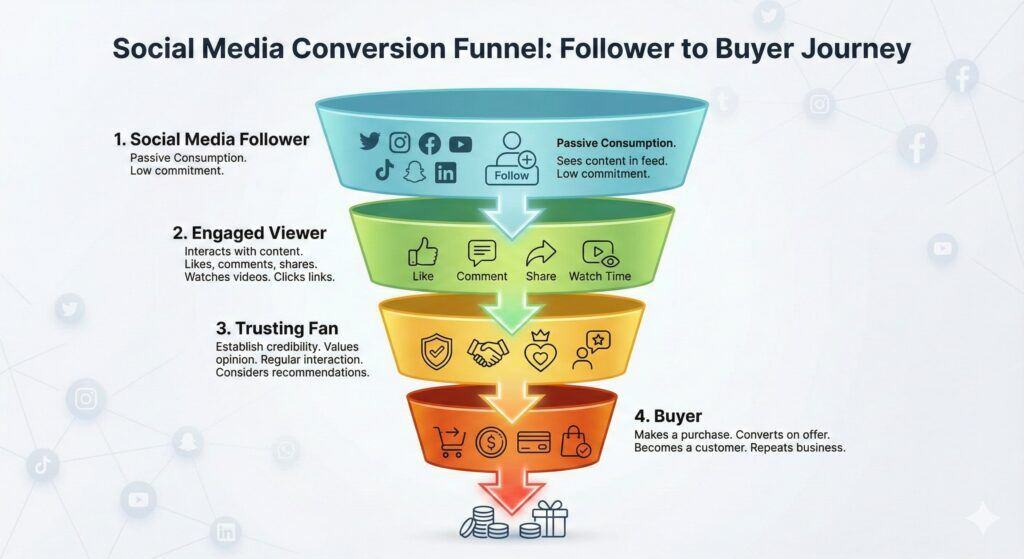 Marketing funnel diagram illustrating how content builds trust and leads to affiliate sales.