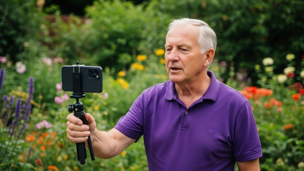 Senior man recording a hobby video review with smartphone.