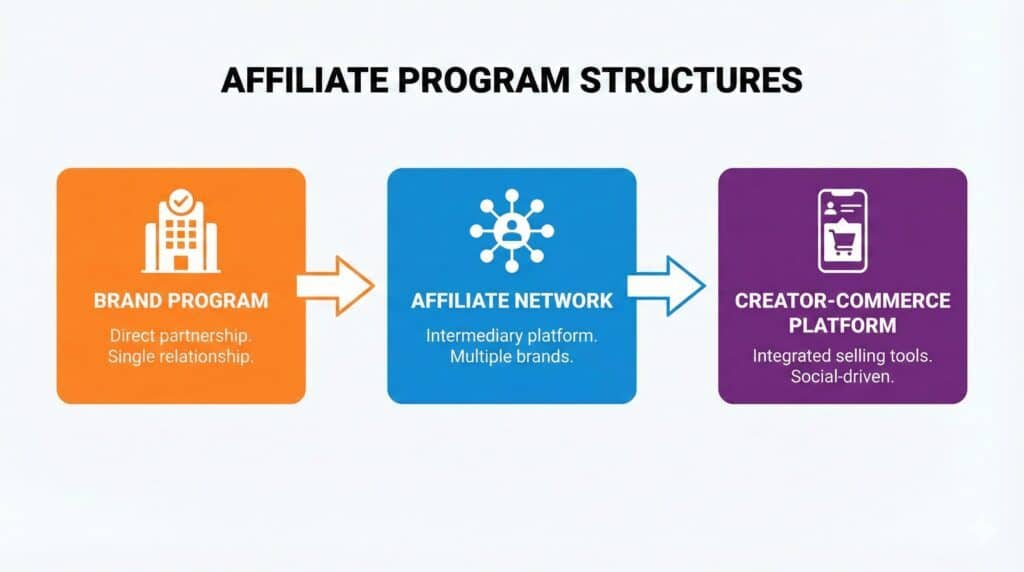Infographic showing three types of social media affiliate programs: brand programs, networks, and creator-commerce platforms.