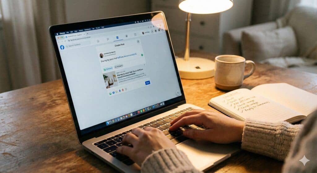 Senior using Facebook to connect with friends and promote products