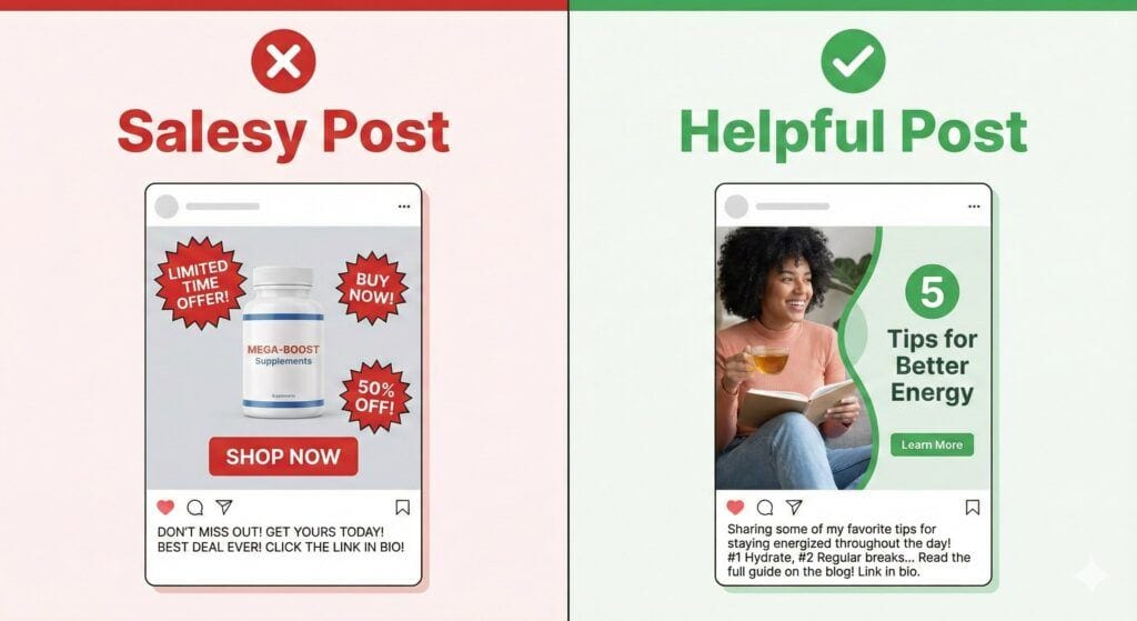 Comparison between a spammy sales post and a helpful, genuine post