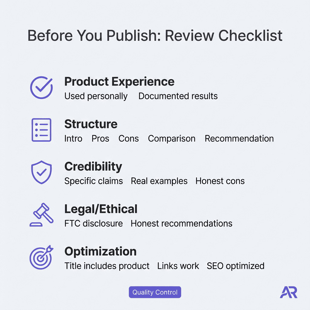 Product review writing checklist covering experience, structure, credibility, disclosure, and optimization