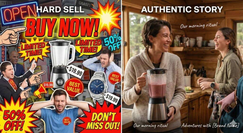 Comparison visual showing the difference between aggressive sales posts and authentic storytelling content.