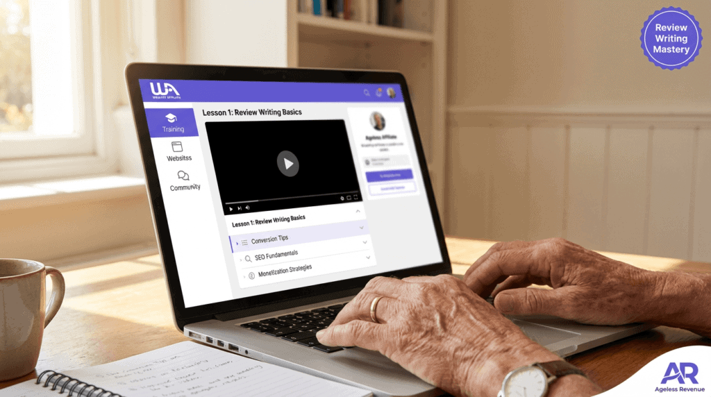 Wealthy Affiliate review writing training showing templates and conversion optimization for retiree affiliates
