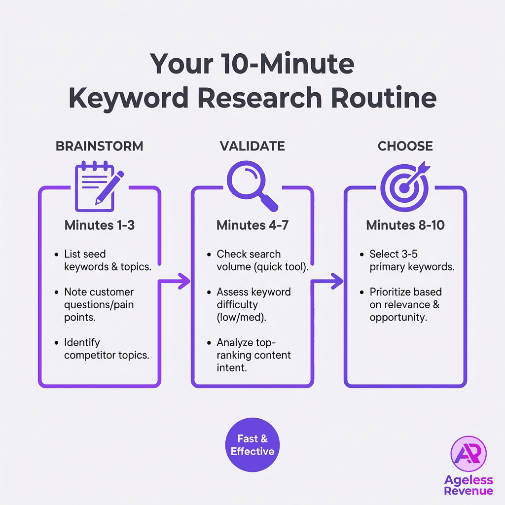 Ten-minute keyword research workflow for busy retirees showing brainstorming, validation, and selection steps