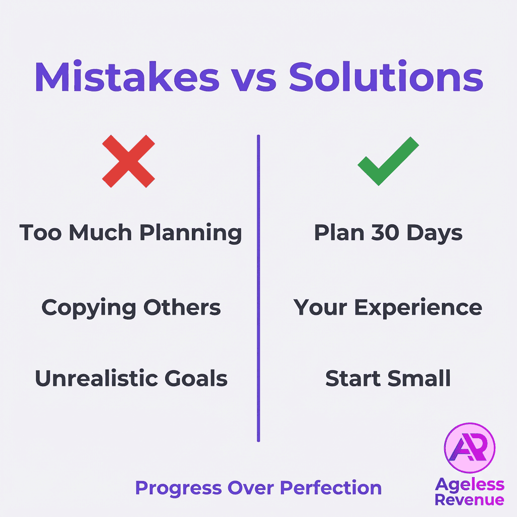 Comparison card showing common planning mistakes versus solutions: plan 30 days not 6 months, add your experience not copy others, start small for sustainable progress