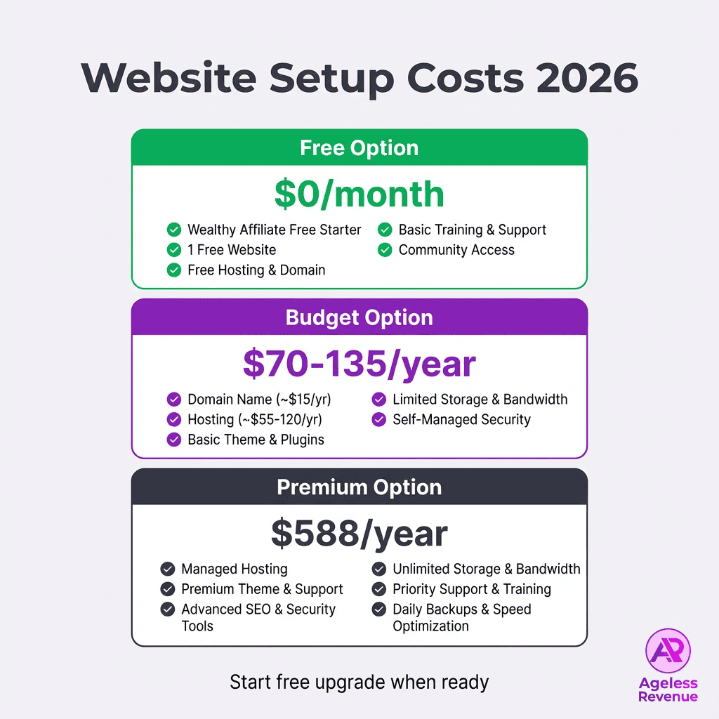Accessible graphic showing website setup costs including free, budget, and premium plans.