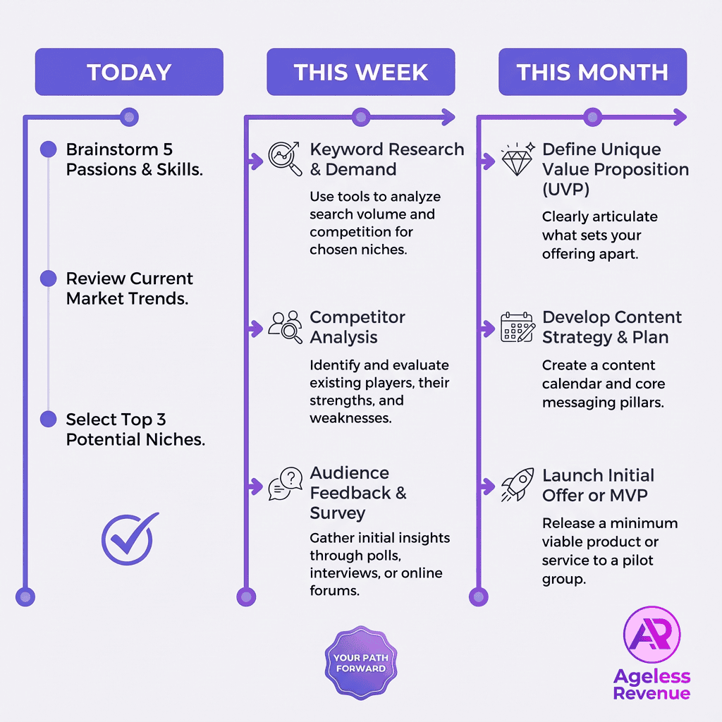 Niche selection action plan timeline showing daily, weekly, and monthly steps for retiree beginners