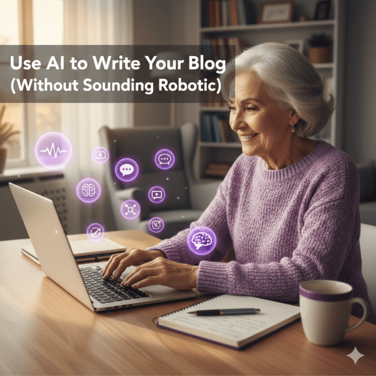 Featured image of a retiree using a laptop with subtle AI icons, representing how to use AI to write a blog without sounding robotic.