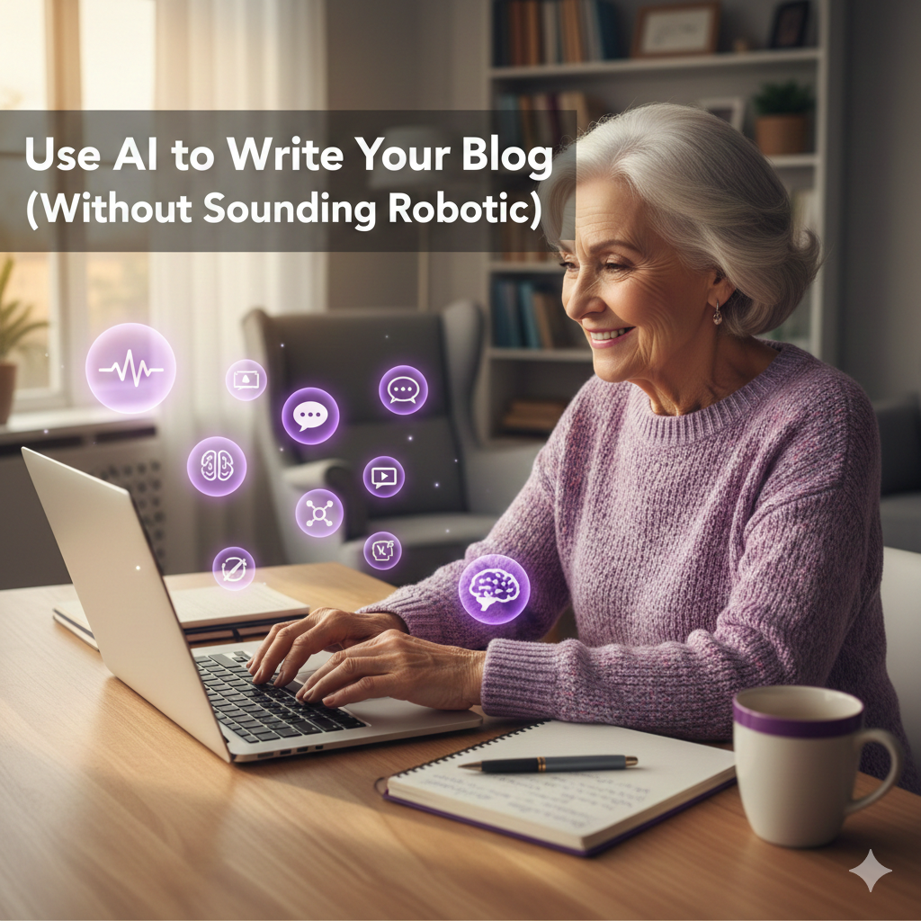 Featured image of a retiree using a laptop with subtle AI icons, representing how to use AI to write a blog without sounding robotic.