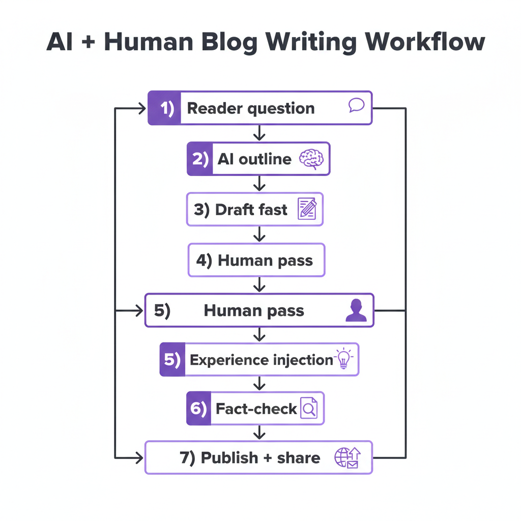 Flowchart showing the step-by-step AI plus human workflow for writing and publishing a blog post. Use AI to write a blog without sounding robotic