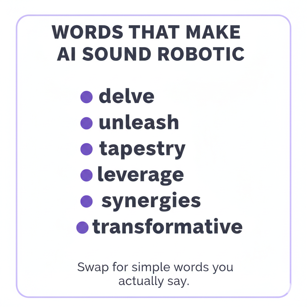 Graphic listing common AI-sounding words to avoid and suggesting simpler language.