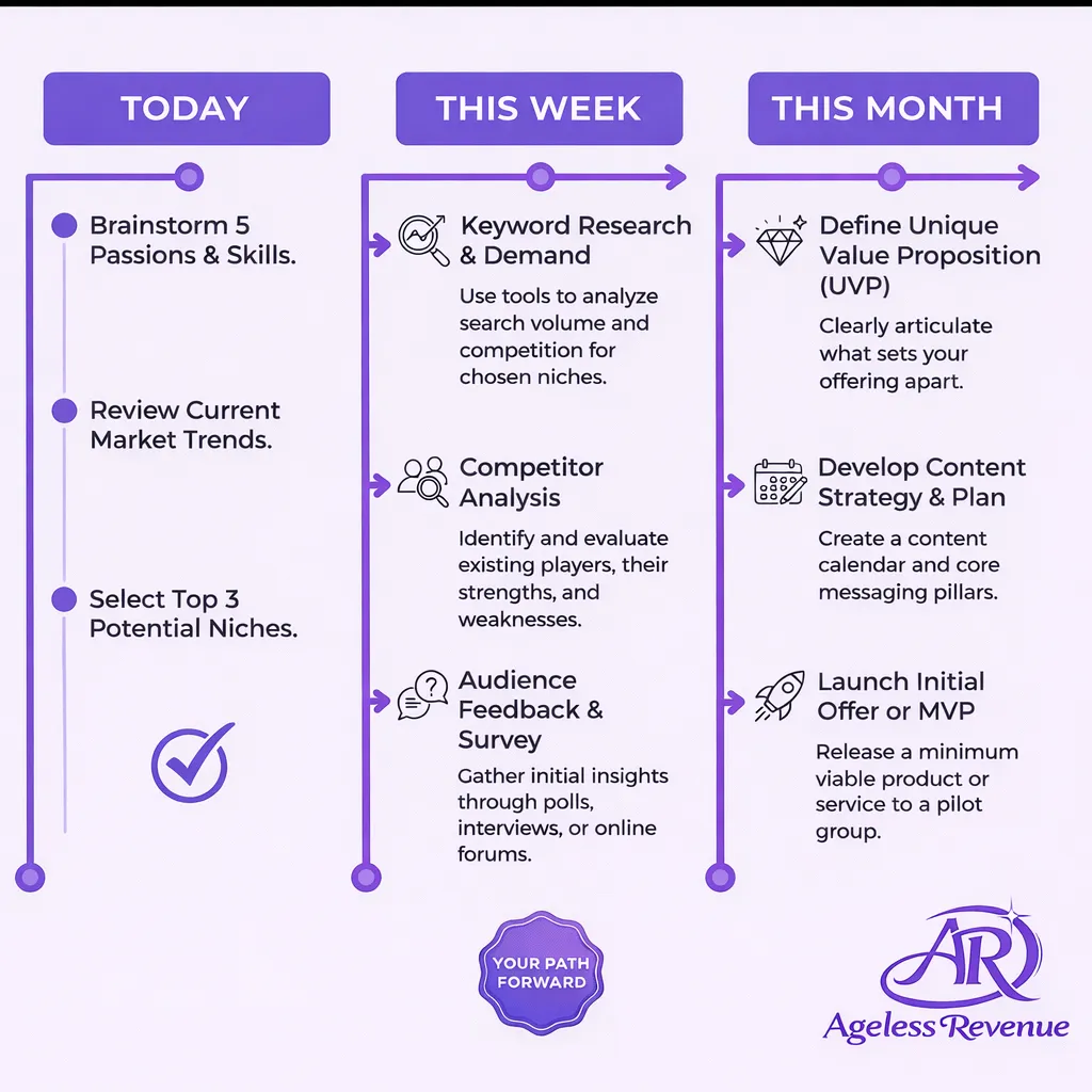 Niche selection action plan timeline showing daily, weekly, and monthly steps for retiree beginners