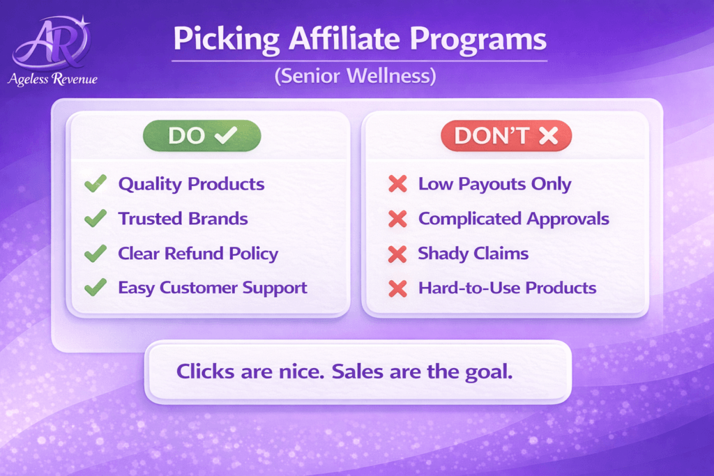 Do and don’t graphic for choosing affiliate programs for senior wellness: choose quality products and trusted brands; avoid low payouts and complicated programs.
