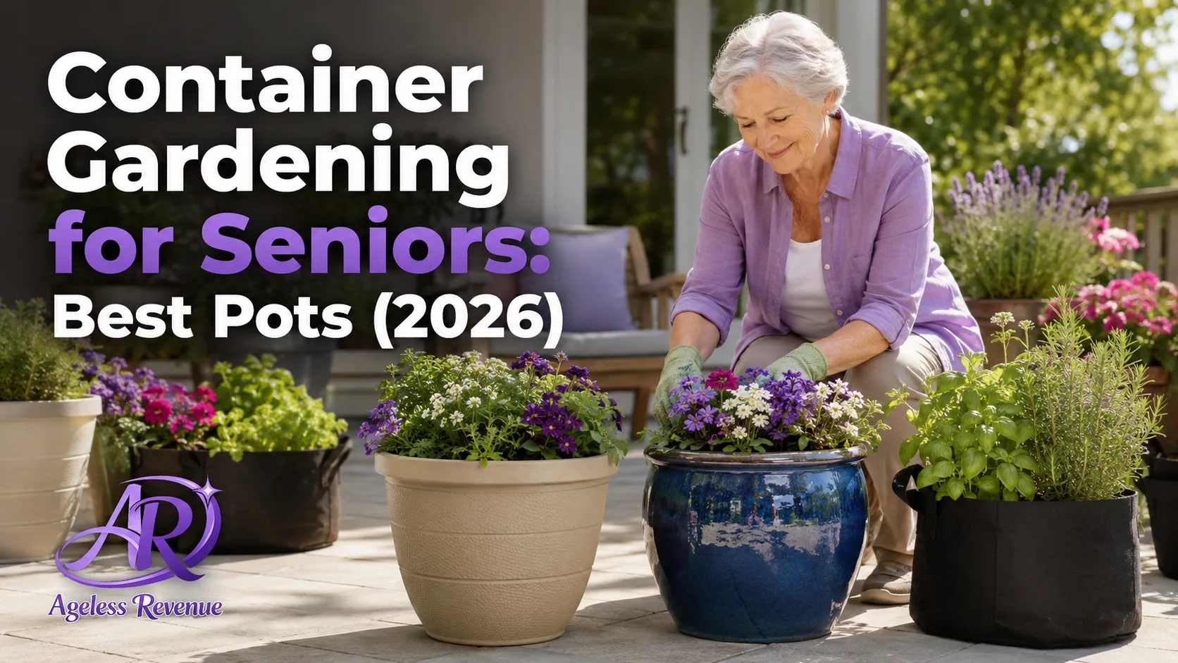 Collection of well-arranged containers and planters on a patio, container gardening for seniors