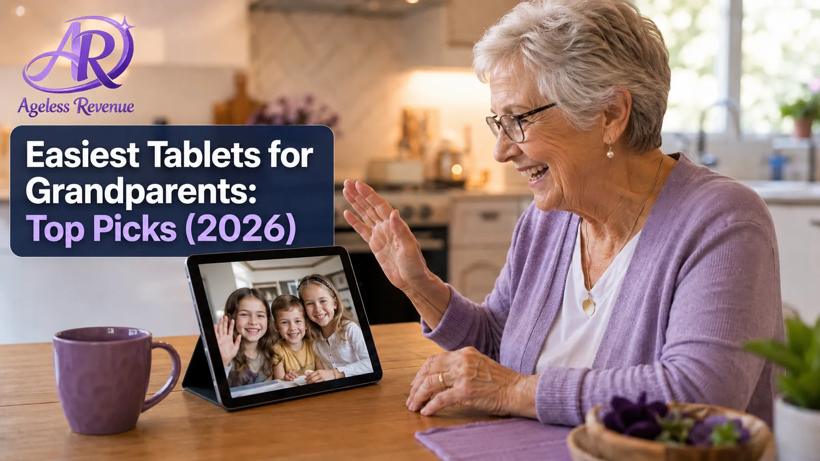 Grandparent smiling while video calling grandchildren on a large-screen tablet, easiest tablets for grandparents