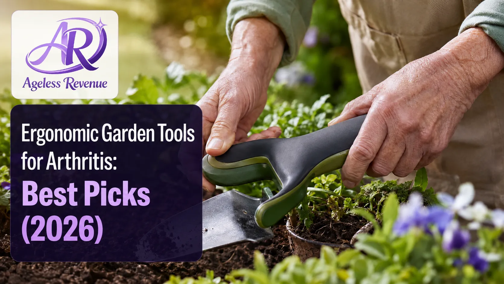 Close-up of hands with an ergonomic wide-grip garden trowel, ergonomic garden tools for arthritis