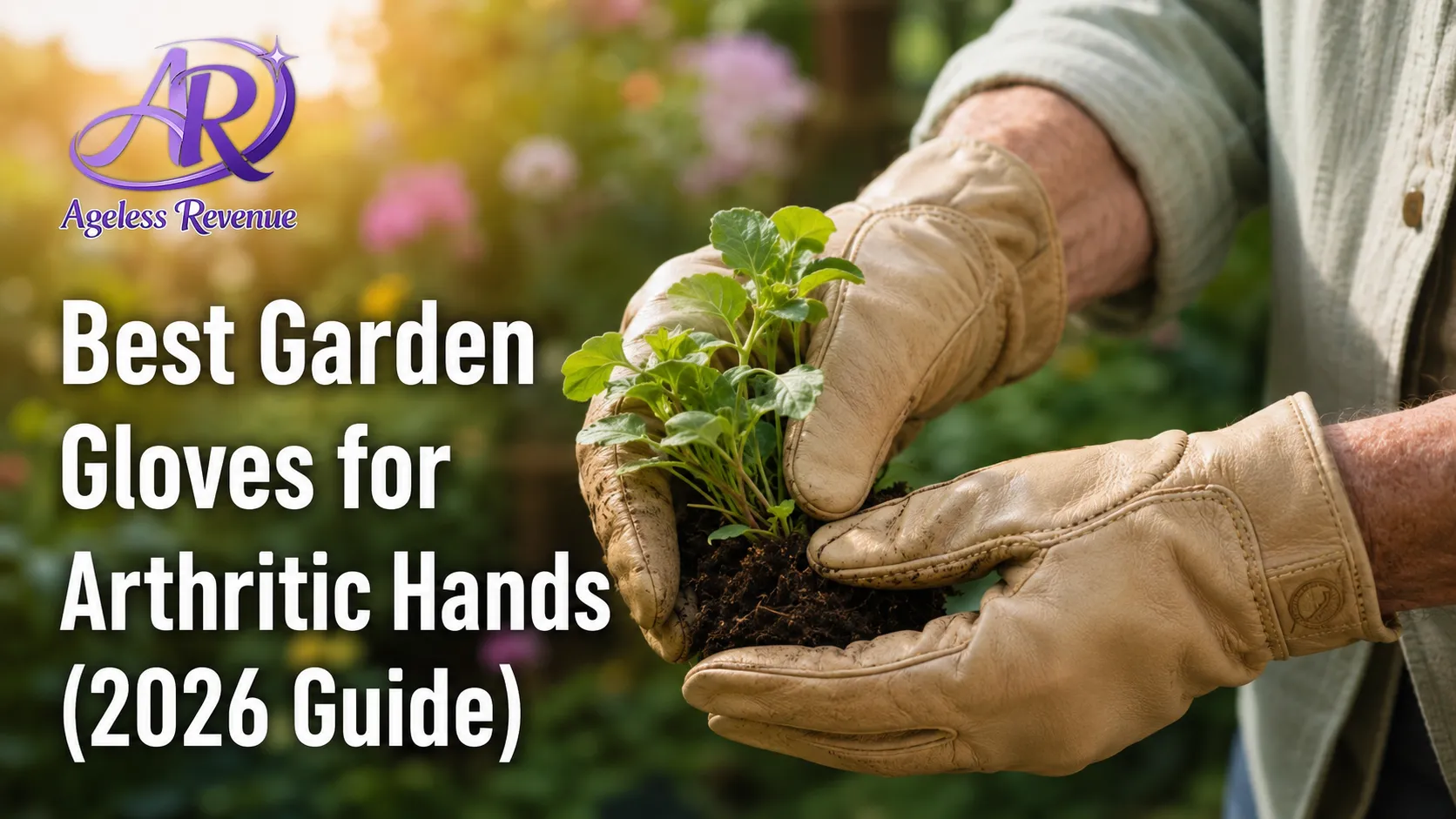 Close-up of hands wearing well-fitted flexible garden gloves, best garden gloves for arthritic hands