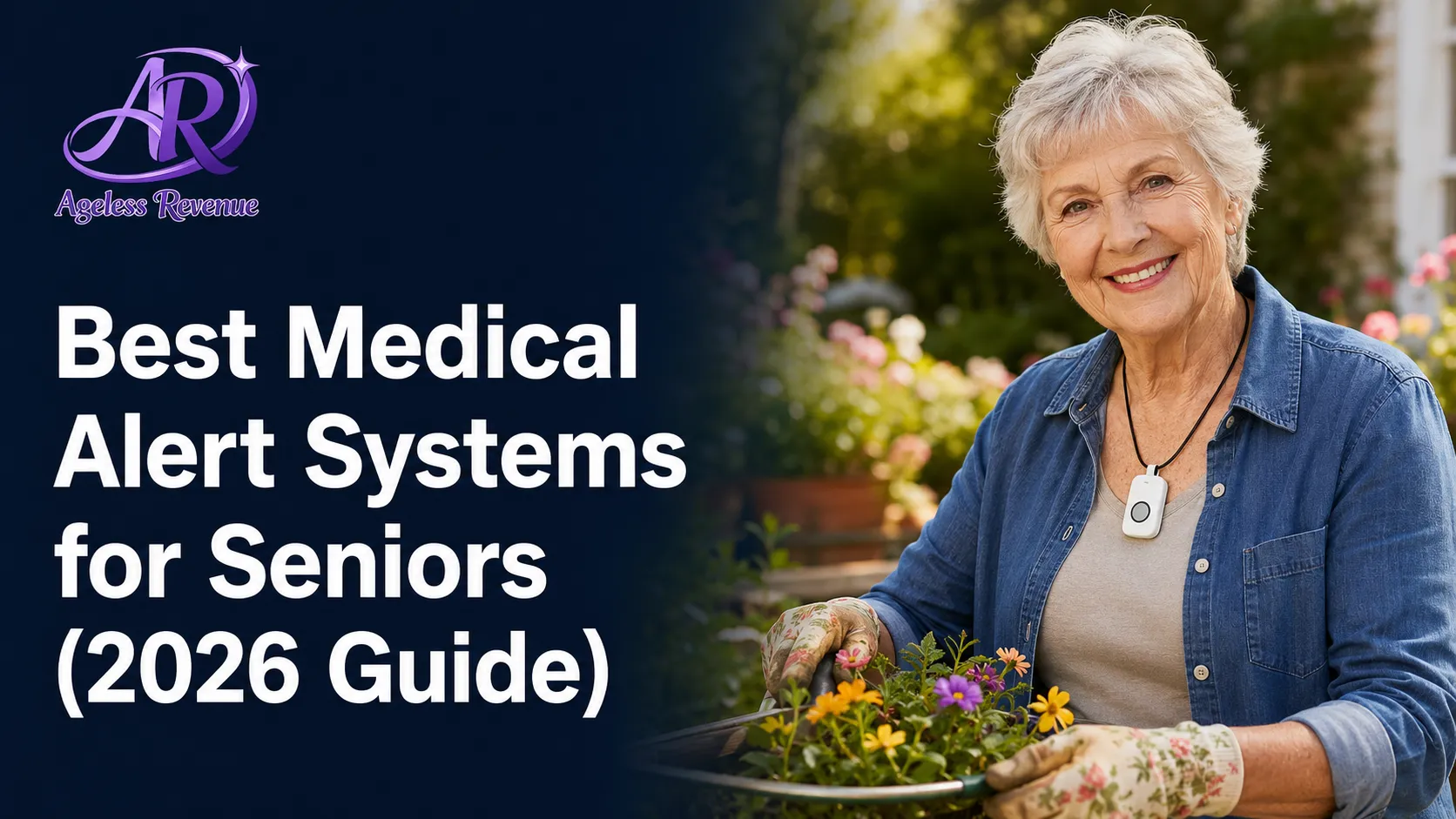 Senior adult wearing a medical alert pendant while gardening at home, best medical alert systems for seniors