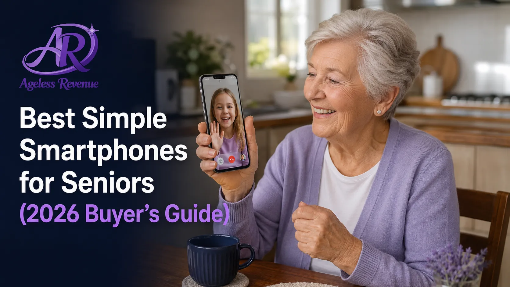 Senior adult comfortably video calling a grandchild on a large-screen simple smartphone, simple smartphones for seniors