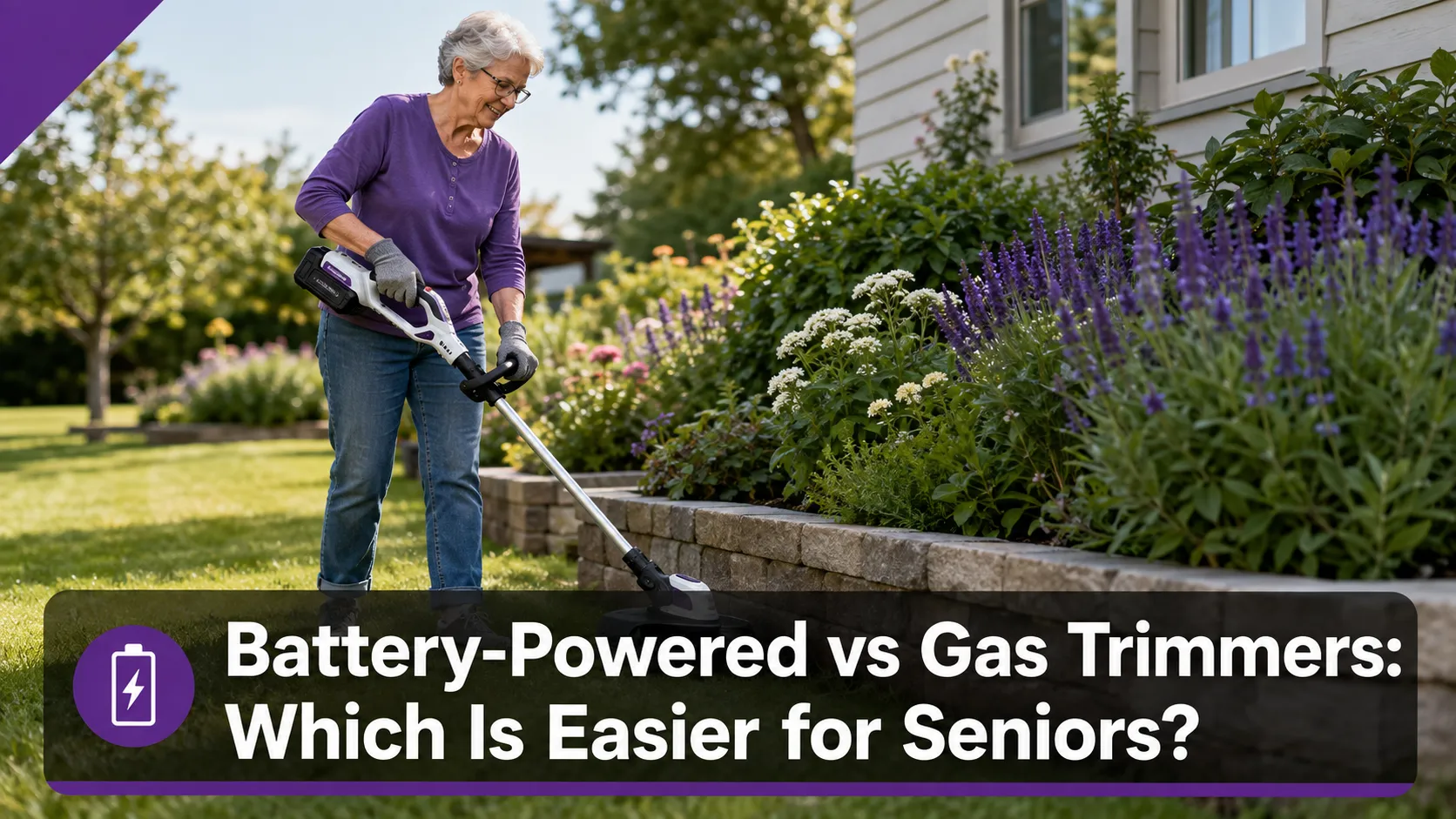 Senior gardener comfortably using a lightweight battery-powered string trimmer along a garden bed edge, battery vs gas trimmer for seniors