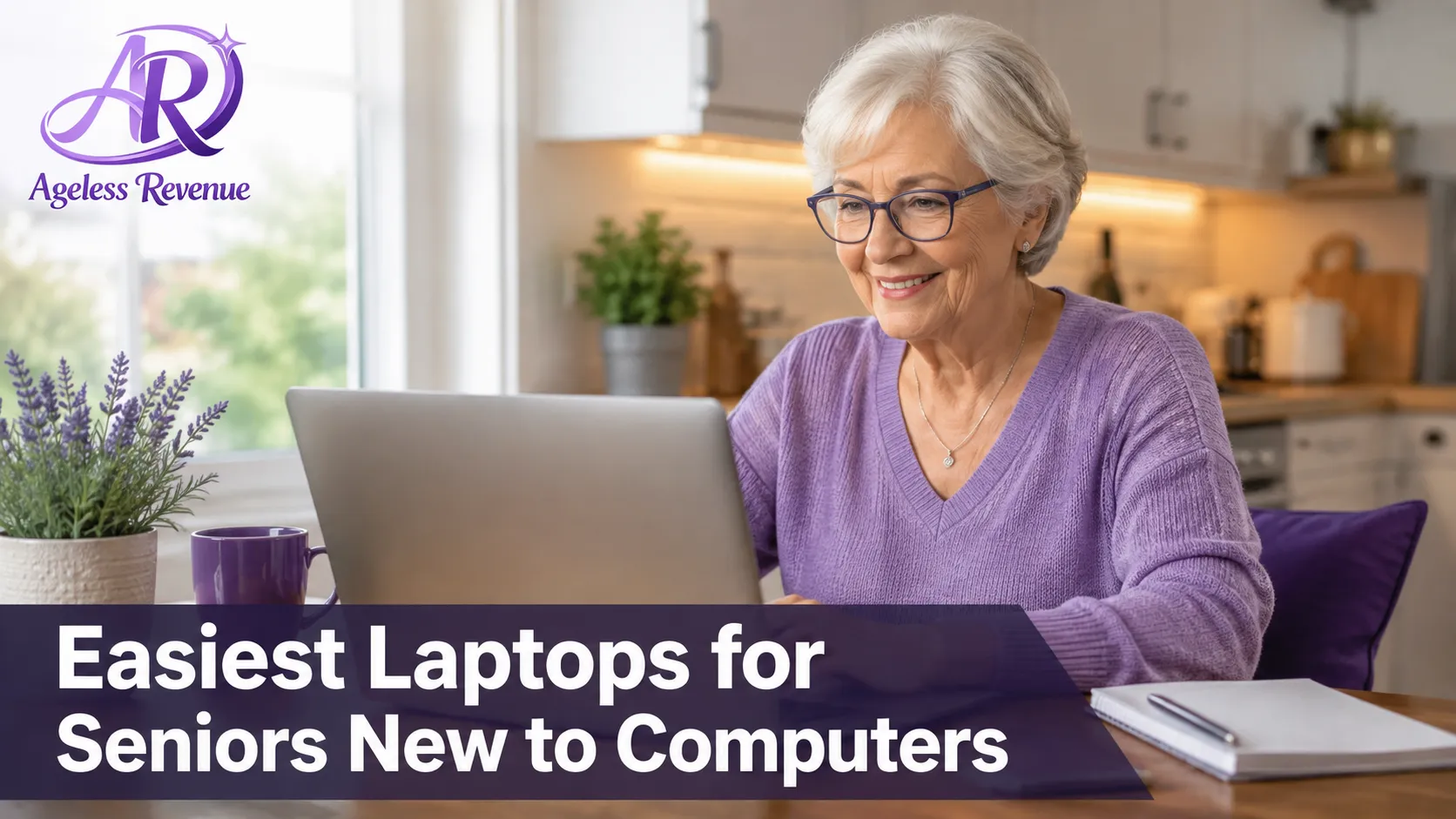 Senior adult comfortably using a simple laptop at a kitchen table, relaxed and confident, easiest laptops for seniors