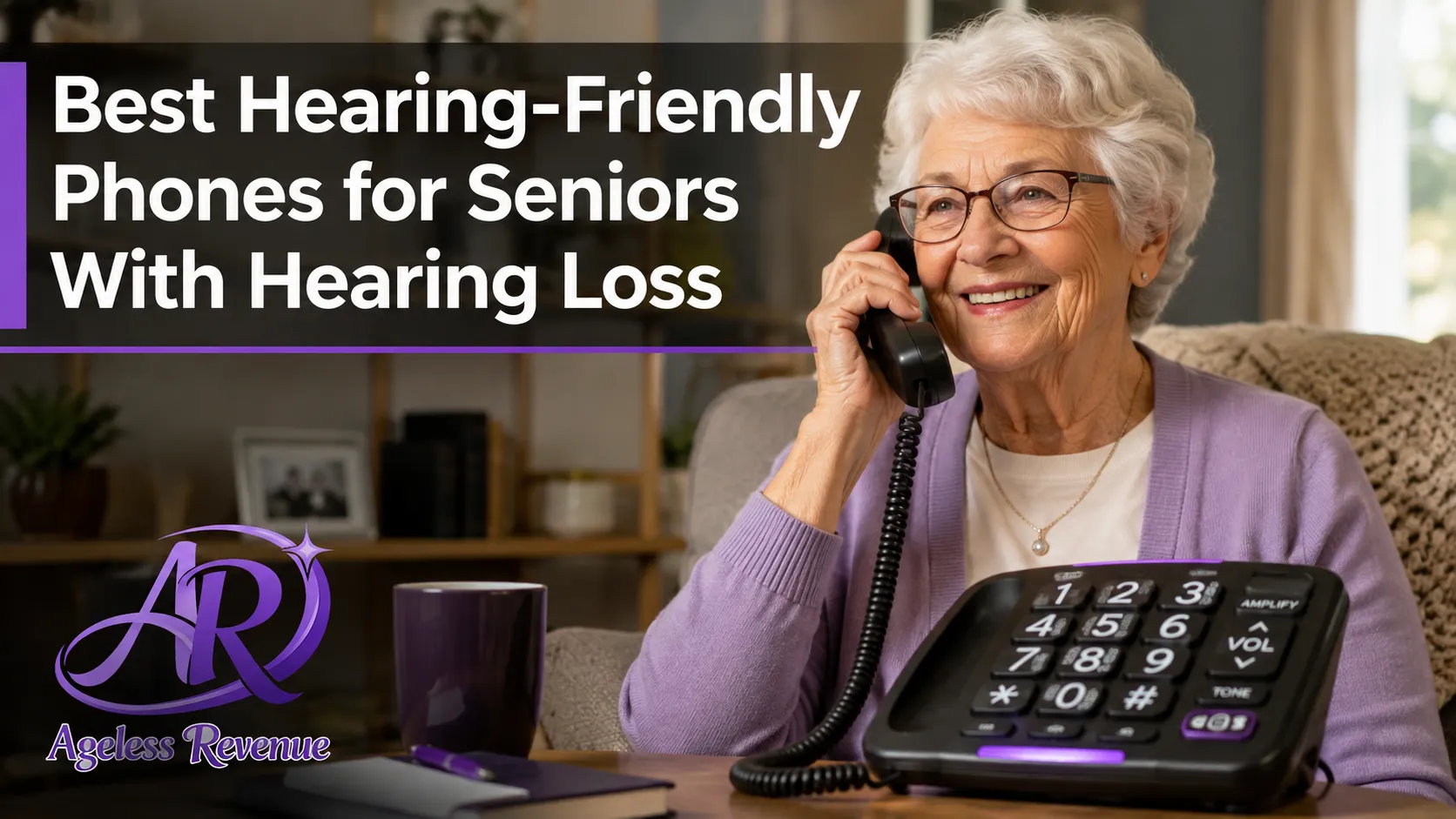 Senior adult comfortably talking on an amplified phone with a clear, confident expression, phones for seniors with hearing loss