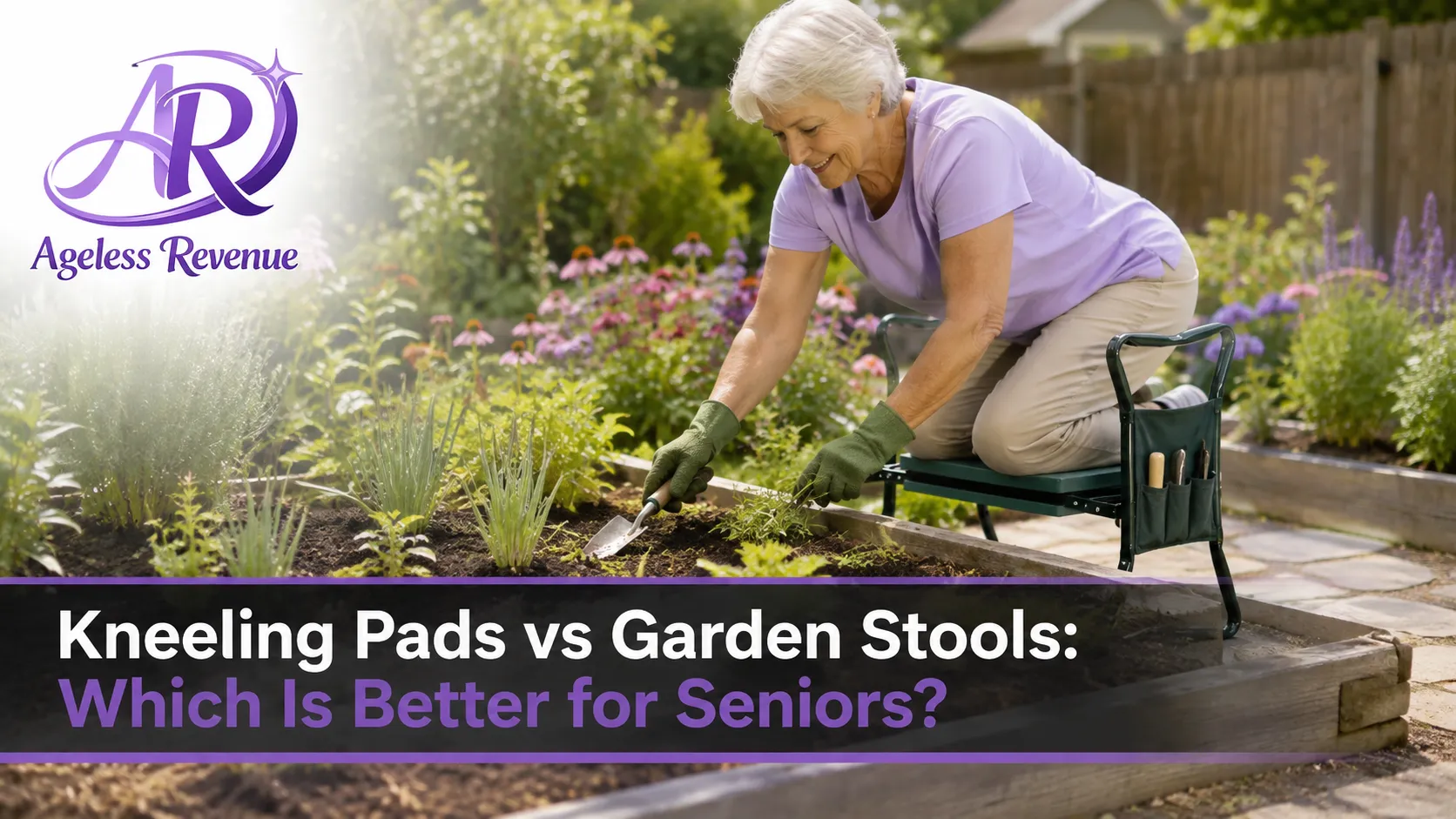 Senior gardener using a foldable garden kneeler-seat combo while weeding a flower bed, kneeling pad vs garden stool