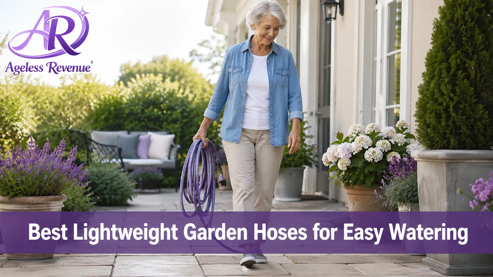 Senior gardener easily dragging a lightweight coiled hose across a garden path, lightweight garden hoses for seniors