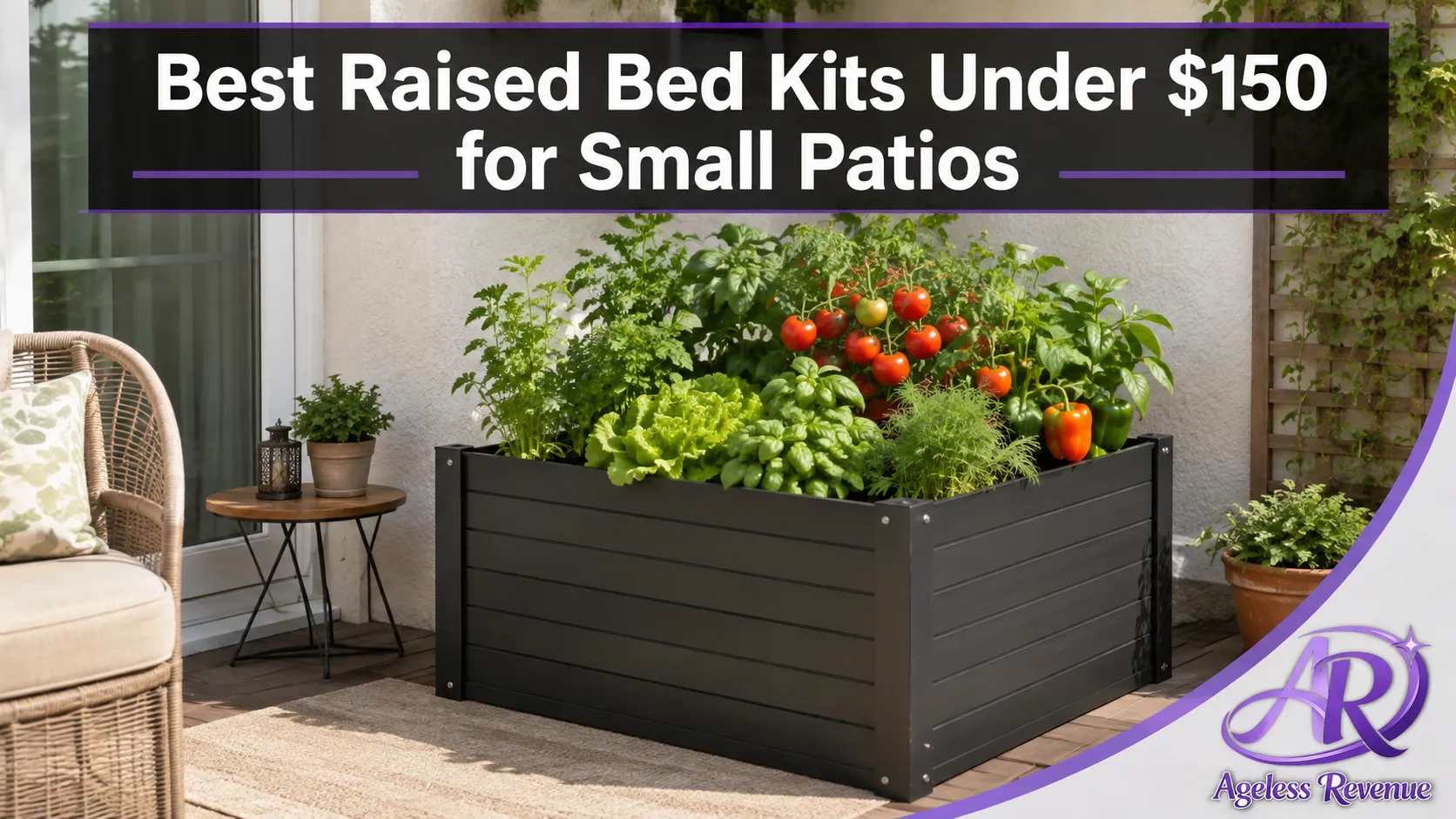 Compact raised bed kit set up on a small patio, sized appropriately for the space, raised bed kits under 150