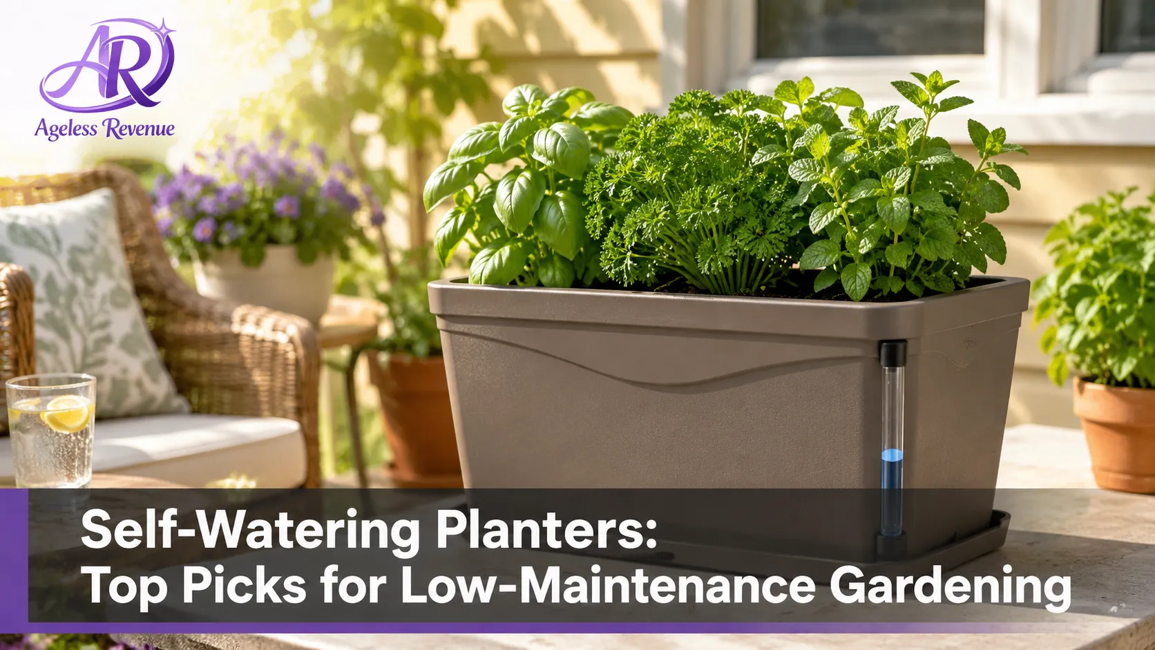 Self-watering planter on a patio with a visible water-level gauge and thriving herbs, self watering planters for seniors