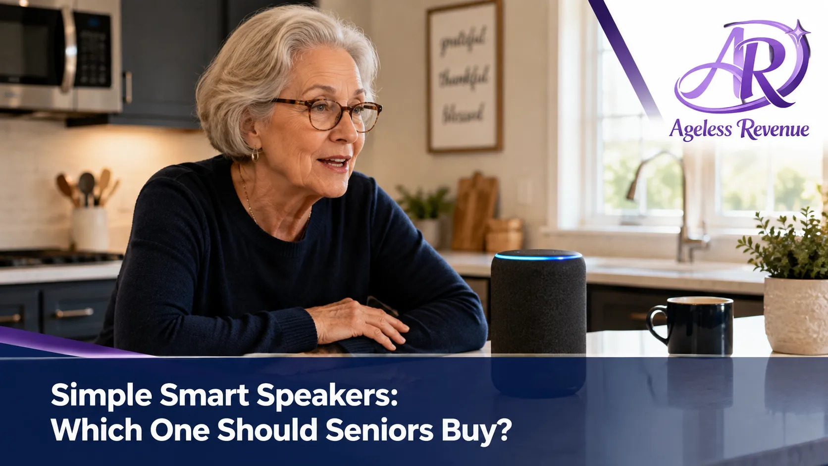 Senior adult comfortably speaking to a smart speaker on a kitchen counter, relaxed and confident, best smart speaker for seniors